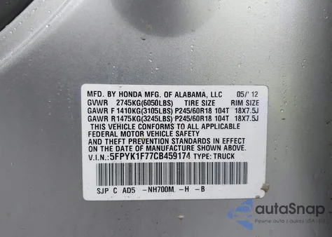 2012 Honda Ridgeline Sport из США, поврежденный, VIN 5FPYK1F77CB459174